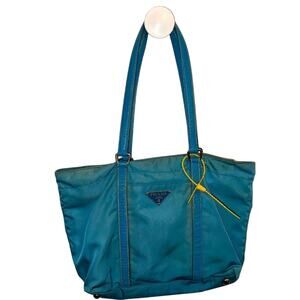 Prada Teal Tessuto Nylon with Leather Handles and Trim Tote, GUC vintage